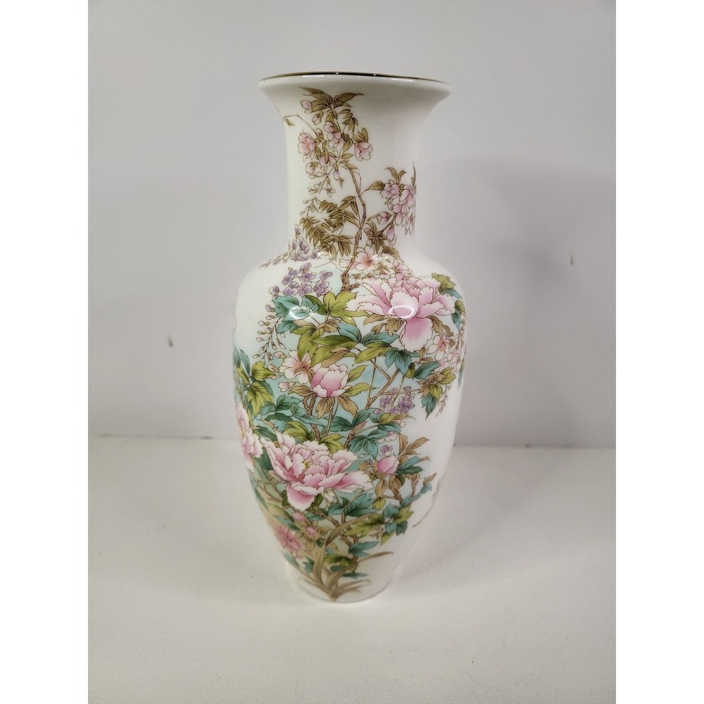 Vintage Shibata Toki Floral Porcelain Vase Pink Peony Butterfly Gold Rim 10 Inch